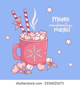 Christmas red cup Festive Hot Cocoa with Marshmallows, sweet striped candy and holly. Vector illustration. New Year kawaii postcard