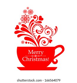 Christmas red cup with floral design elements. Christmas menu design. Vector Illustration 