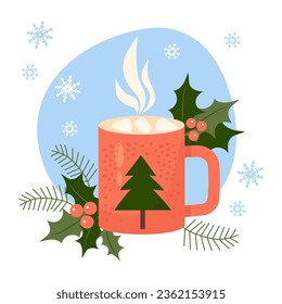 Christmas red cup with Hot chocolate with marshmallows and holly berries on white background. Vector illustration.