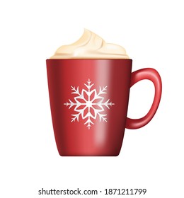 Christmas red cup isolated on white background. Mug with snowflake ornament with coffee and froth with zyphyr. Vector illustration