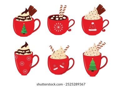 Christmas red cup set on a white background,cream,chocolate,vector illustration.