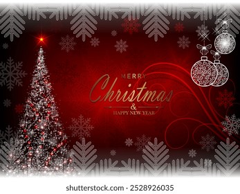 Christmas red dark background with shiny Christmas tree and balls in retro style.