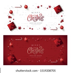 Christmas red Decorative Border made of Festive Elements Background .Merry Christmas vector text Calligraphic Lettering Vector illustration.Presents on white and red background top view. 
