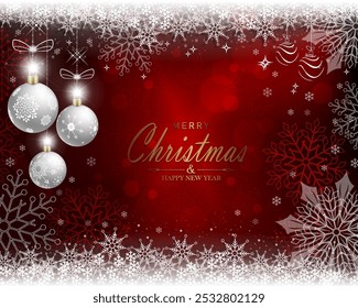 Design vermelho de Natal com muitos flocos de neve, bolas brancas de Natal.
