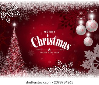Christmas red design with shiny Christmas tree, balls and snowflakes.