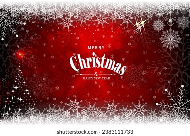 Christmas red design with snowflakes and a silhouette of a shining Christmas tree