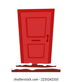 Christmas red door with snow. Winter and Christmas concept. Winter holidays.
