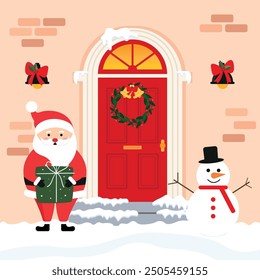 Christmas Red Doors with Christmas Wreath, Garland and Santa and  Snowman With Snow. Vector Graphics in Cartoon Style