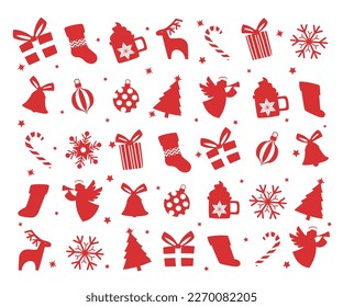 Conjunto de elementos rojos de Navidad. Colección de iconos para el sitio web. Boca, bola de Navidad, campana, ángel y copo de nieve. Caramelo y taza de postre. Ilustraciones de caricaturas de vectores planos aisladas en fondo blanco