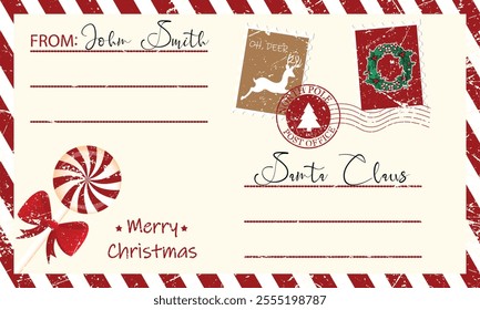 Christmas red envelope with stamps, Holiday traditional postal envelope with special prints and candy. Christmas and New Year