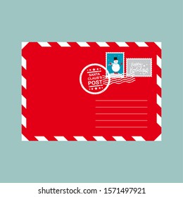 Christmas Red envelope with stamps. Santa Claus's post. Cute Christmas card. Snowman on the stamp. 