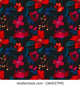 Christmas red floral seamless pattern with abstract flowers and leaves. Winter concept painted flowers background