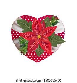 Christmas red flower poinsetia on gift box in form of heart. Vector mesh fashion illustration. Valentine day element on white background for greeting card design