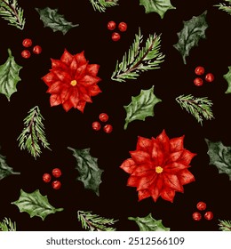 Christmas red flowers and holly berry green leaves seamless pattern, new year festive background