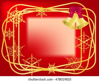 Christmas red  frame with golden borders, bells and snowflakes