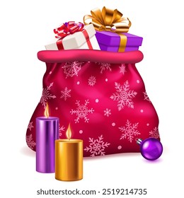 Christmas red gift bag adorned with snowflake patterns, sitting next to two lit candles and a small purple ornament, on white background.