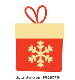 Christmas red gift box decorated with a gold snowflake and a bow. Vector hand drawn flat illustration. Red and yellow colors. Great for New year, Xmas cards.