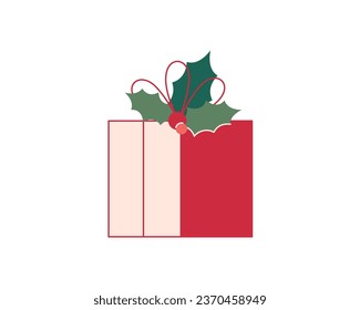 Christmas red gift box decorated with ribbon and holly leaves. Xmas festive present package for charity or donation. Vector illustration