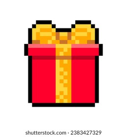 Christmas red gift box with gold bow and ribbon isolated on white background. Paper box icon. Vector pixel art illustration of New Year decoration elements in 16-bit old style.