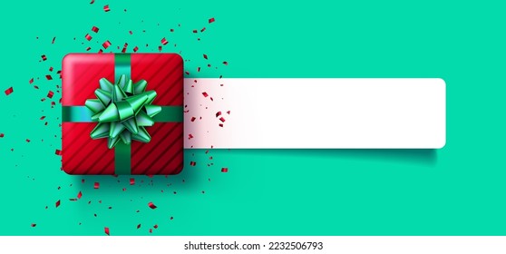 Christmas red gift box on green background with white line. New Year present. Space for text. Vector holiday illustration.
