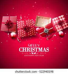 Christmas red gift boxes and baubles on red background - Luxury Christmas greeting card