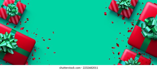 Christmas red gift boxes on green background. New Year presents. Space for text. Vector holiday illustration.