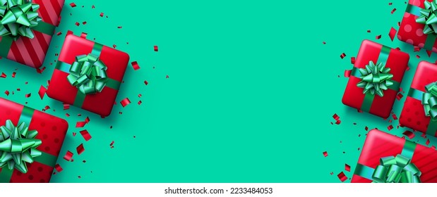 Christmas red gift boxes on green background. New Year presents. Space for text. Vector holiday illustration.
