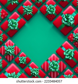 Christmas red gift boxes on green background. New Year presents. Space for text. Vector holiday illustration.