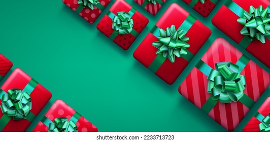 Christmas red gift boxes on green background. New Year presents. Space for text. Vector holiday illustration.