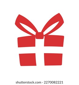 Christmas red gift. Present or surprise for New Year and winter holidays. Design element for invitation and greeting postcard. Culture and tradition. Cartoon flat vector illustration