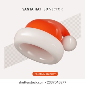 Christmas red glossy hat santa claus. Realistic Christmas element for design. Vector 3d illustration