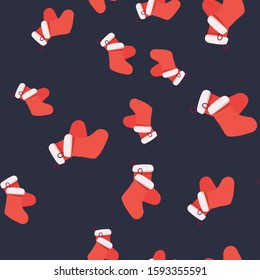 Christmas red gloves and stockings seamless pattern. Festive endless design. Holiday decor wrapping paper, background. Colorful vector illustration in flat cartoon style.
