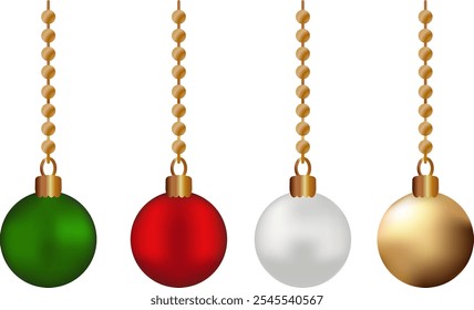 Christmas red gold green silver pearl ball hanging on gold beads Set christmas balls isolated transparent background Holiday xmas decoration New year set ornaments