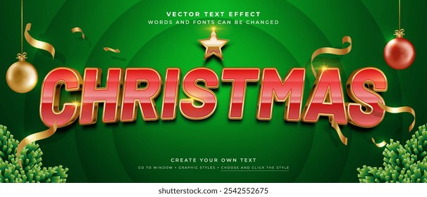 Christmas red and gold text effect on green background, vector graphic style