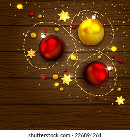 Christmas red and golden balls with decorative elements and confetti on wooden background, illustration.