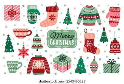 Christmas red green backdrop with ornate xmas ugly sweaters, mugs, gift boxes, mittens, stockings, fir trees, decorative toys, bells, stars and snowflakes. EPS 10 vector illustration set.