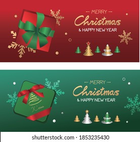 Christmas red and green banner. Background Xmas design of realistic  gifts box, golden snowflake and christmas tree. Horizontal poster, greeting card, headers for website.