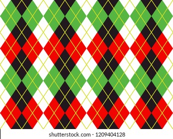 
Christmas Red, Green, Black and White Argyle Seamless Vector Pattern Background. Xmas Sweater Style Textile Print. Classic Stockings Diamond Check Fabric Texture. Pattern Tile Swatch Included.