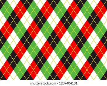 
Christmas Red, Green, Black and White Argyle Seamless Vector Pattern Background. Xmas Sweater Style Textile Print. Classic Stockings Diamond Check Fabric Texture. Pattern Tile Swatch Included.