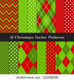 Christmas Red and Green Chevron, Argyle and Polka Dot Patterns. Vector Pattern Swatches made with Global Colors.