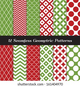 Christmas Red and Green Geometric Seamless Patterns. Modern Backgrounds in Jumbo Polka Dot, Diamond Lattice, Scallops, Quatrefoil and Chevron Patterns. Pattern Swatches made with Global Colors.