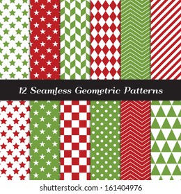 Christmas Red and Green Geometric Seamless Patterns. Backgrounds in Diamond, Chevron, Polka Dot, Checkerboard, Stars, Triangles, Herringbone and Stripes Patterns. Pattern Swatches with Global Colors.