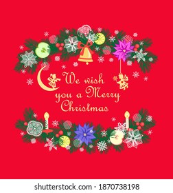 Christmas red green greeting craft card with paper cutting conifer branches wreath with hanging gold angels, jingle bell, poinsettia, apple, lime and candle