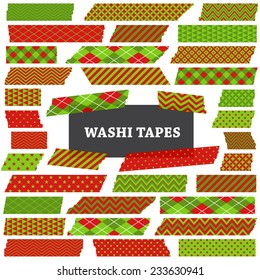 Christmas Red, Green And Lime Green Washi Tape Strips. Semitransparent. Photo Frame Border, Clip Art, Scrapbook Embellishment. Argyle, Gingham, Polka Dot & Stripes. Global Colors Used In Vector File. 