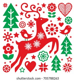 Christmas Red And Green Pattern, Scandinavian Folk Art, Reindeer, Birds And Flowers Decoration Or Greetings Card 