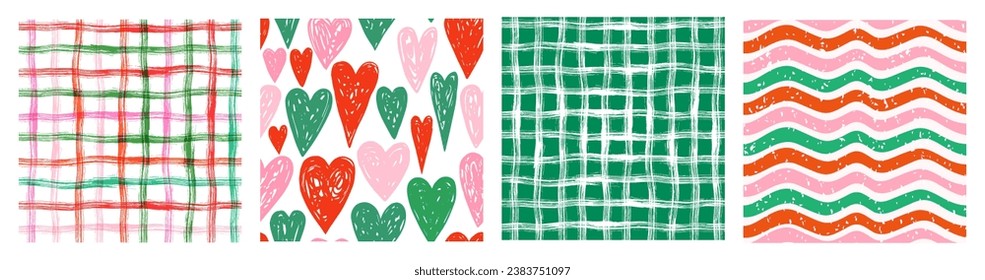 Christmas red, green and pink vector seamless patterns, background texture set with plaid design with crossing rough, irregular brush strokes, wavy stripes, checks and hand drawn hearts