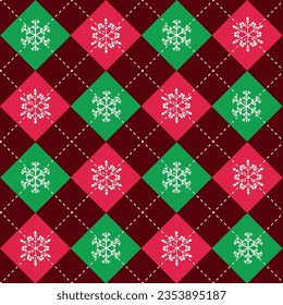 Christmas red and green plaid argyle seamless pattern with snowflakes on dark burgundy background . For Winter clothing, textile and fabric 