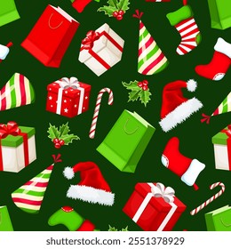 Christmas red and green seamless pattern with gift boxes, gift bags, Christmas stockings, Santa hats, party hats, holly, and candy canes. Vector season print. Hand-drawn illustration, not AI