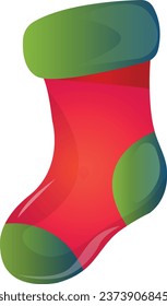 Christmas red and green sock for presents.  Cartoon vector illustration. Christmas and New year holiday. Winter holidays red green color comfortable clothes. Soft wool socks icon.
