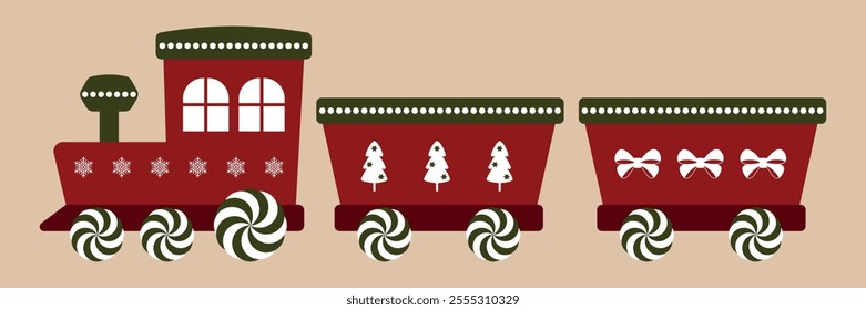 Christmas red and green toy train. Santa's train. Christmas design for greeting cards, banners. Christmas tree toy locomotive.